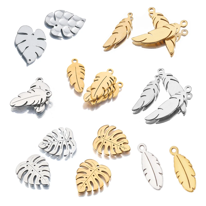 

10Pcs Stainless Steel Gold Plated Wings Feather Monstera Leaf Charms Tropical Plant Leaf Pendant For Diy Necklace Jewelry Making