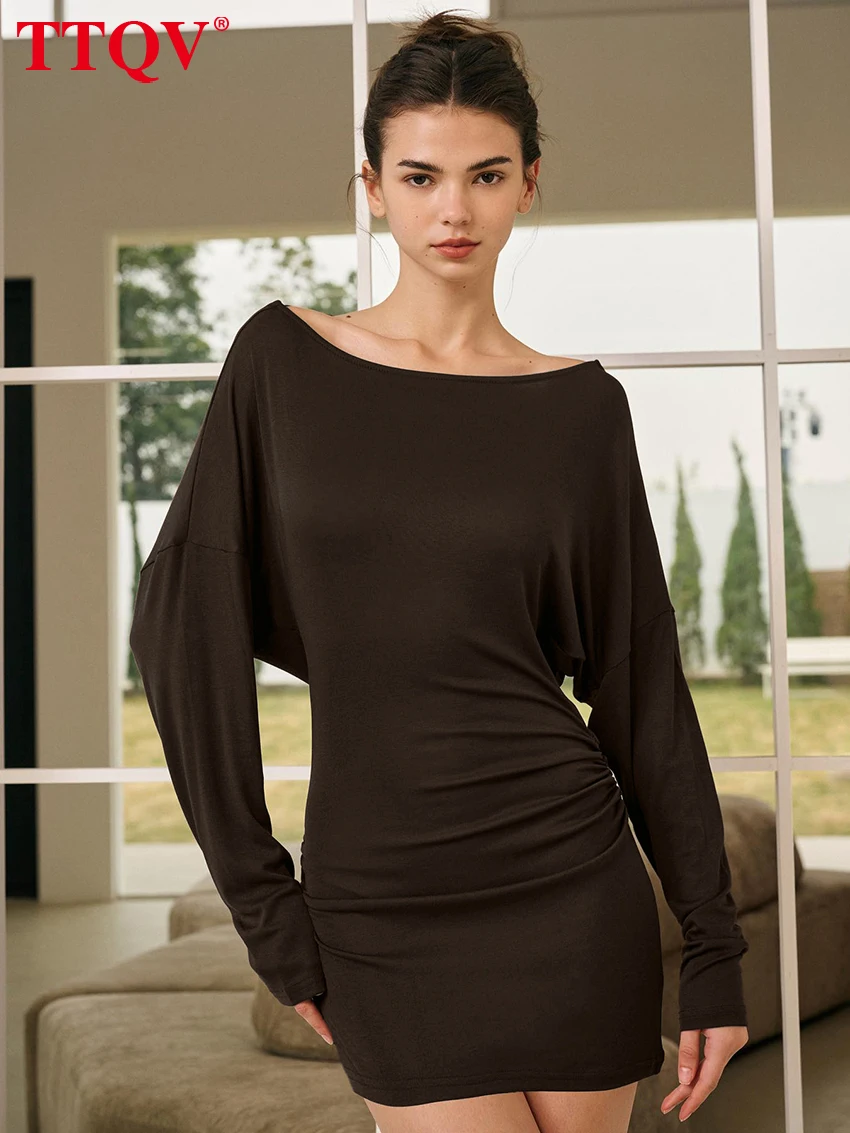 

TTQV Fashion Loose Brown Knitted Women's Dress 2026 Sexy O-Neck Long Sleeve Mini Dresses Elegant Simple Solid Female Dress