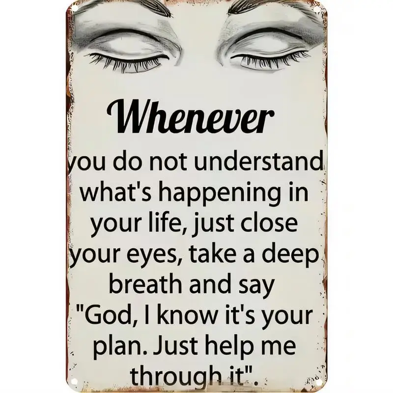 Retro Iron Religious Inspirational Tin Sign - Closed Eyes & God's Plan Quote, Vintage Metal Wall Art for Home/Office Decor