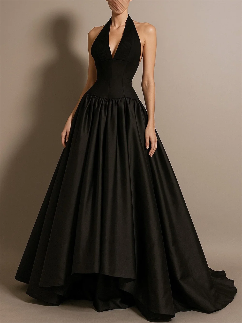 

Вечернее платье трапециевидной формы с глубоким V-образным вырезом и высоким воротом, плиссированное вечернее платье длиной до пола, вечернее платье с скользящим шлейфом, классическое вечернее платье по индивидуальному заказу