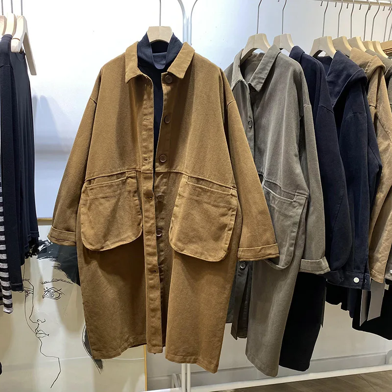 Simple Elegance Korean Sle Autumnnal Windbreaker Coat Vintage Collar Long Sve Mittellanger, gerader Schnitt aus Bio-Baumwolle