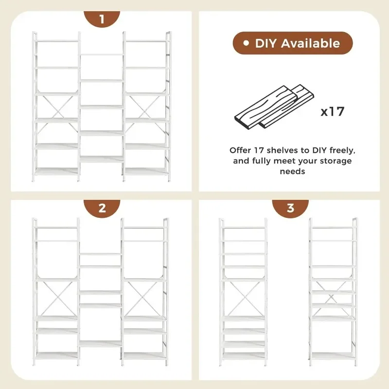 Triple 6 Tier Bookshelf, Bookcase with 17 Open Display Shelves, Wide Book Shelf Book Case for Home & Office, White