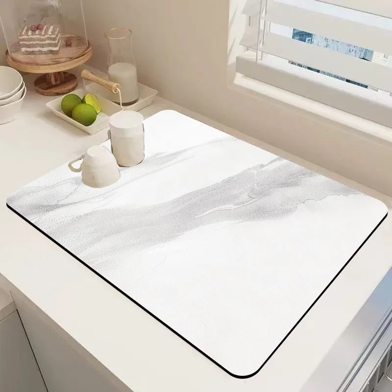 VIKAMA Minimalist Light Grey Marble Diatomite Dish Drying Mat Quick Dry Non Slip Washable Coffee Machine Tableware Drain Pad
