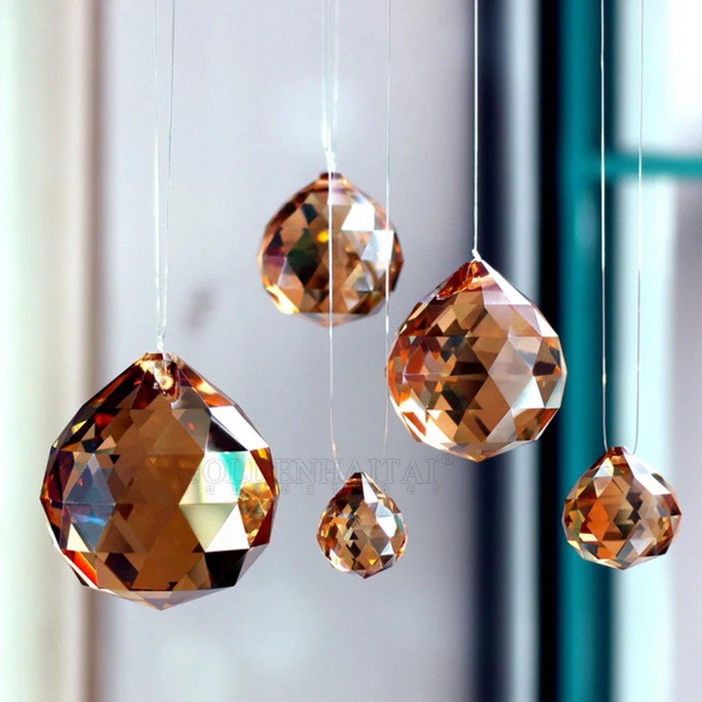 

Camal 1PCS 15/20/25/30/40mm K9 Crystal Ball Golden Champagne Prisms Suncatcher Chandelier Pendants Lamp Curtain Hanging Ornament