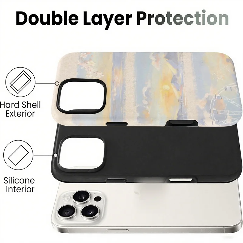 Sunset Landscape Scenic Triptych Pastel Illustration Watercolor Texture Dual-Layer Hybrid Phone Case for iPhone 12-17 Series view 2