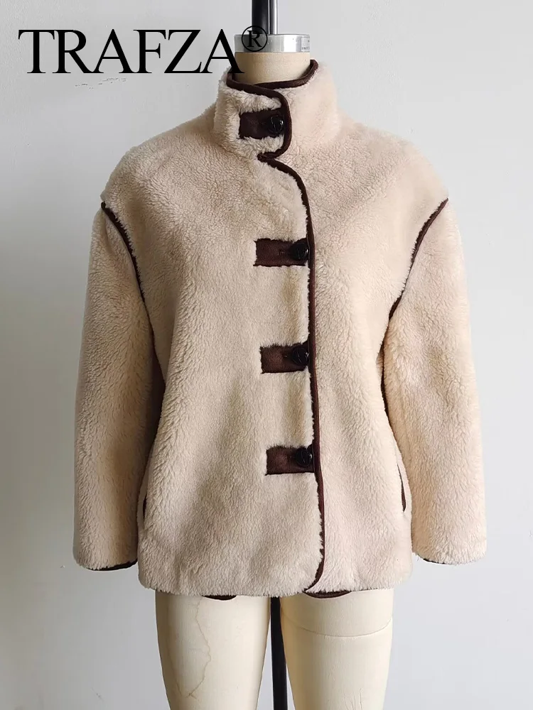 TRAFZA 2024 Winter Female Beige Casual Thick Faux Fur Coat Fashion Woman With Buttons Long Sleeve Fleece Jacket Outerwear