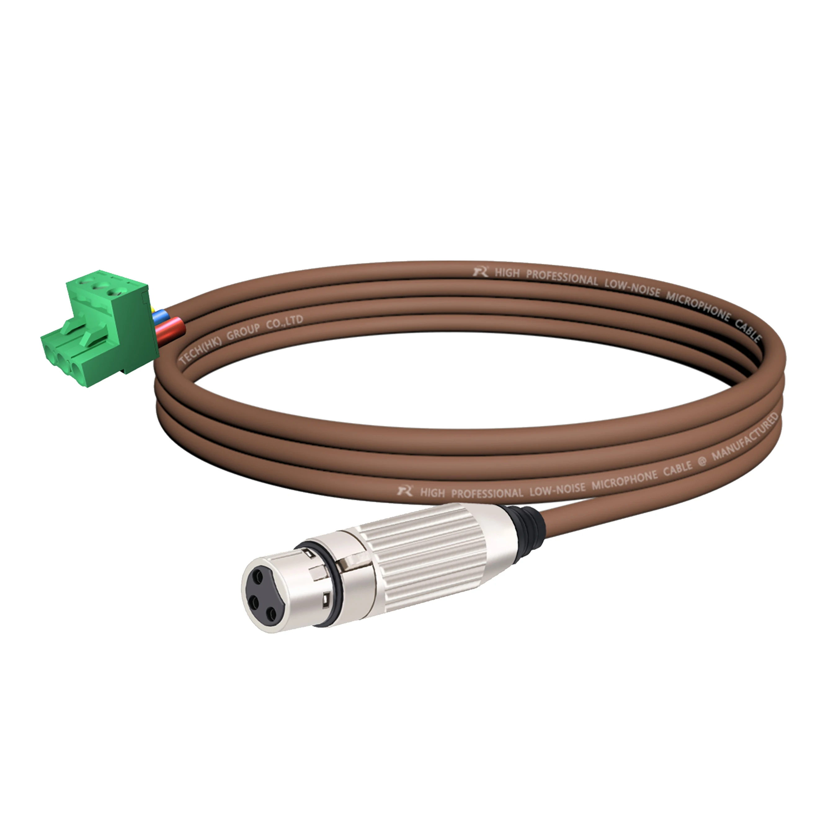 3-poliger Phoenix-Stecker, verbunden mit einem versilberten XLR 3-poligen Stecker, farbcodiertes Kabel, geeignet für professionelle Audiogeräte. – Detail 13