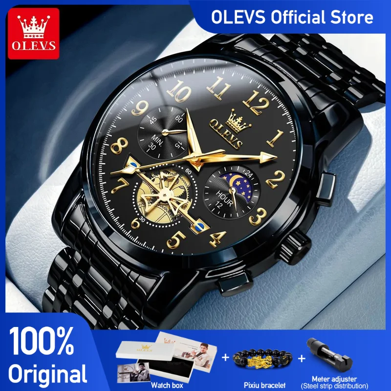 OLEVS Men\'s Watches Top Brand Fashion Multifunctional Chronograph Moon Phase 24 Hour Original Quartz Watch for Man Waterproof