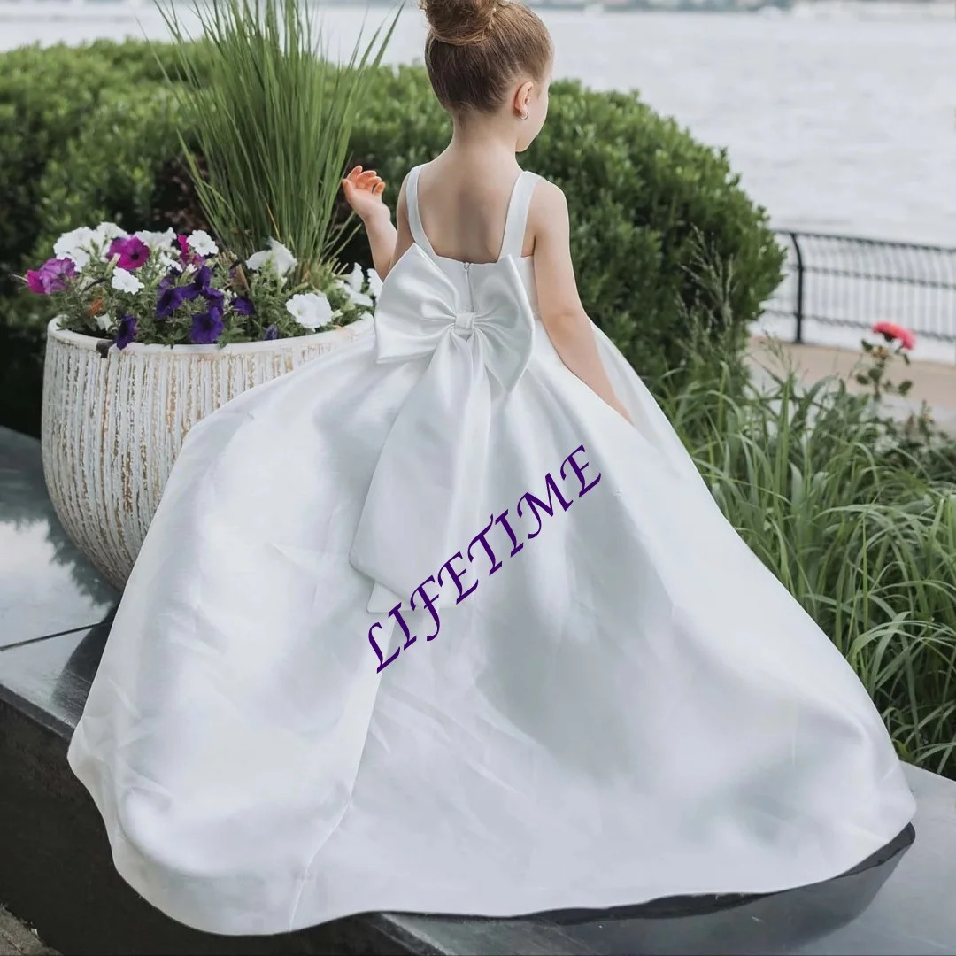 

Индивидуальное белое платье для девочек на свадьбу, с тонкими бретелями, для первого причастия, с бисерной лентой/бантом, на заказ