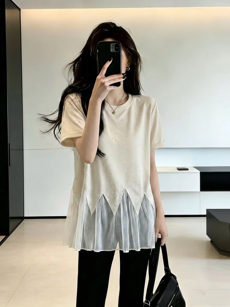 Elegant Short Sleeve T-Shirt Women's Summer New plus Size Fat MM Chiffon Hem Trendy Top Glitter Diamond Shoulder Bore Style