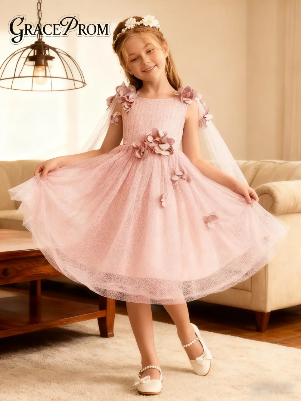 

Trendy Cape Girl Dress Girl Stage Show Dress Girl Princess Dress 2026 Formal 3D Floral A-Line Floor-Length Party Gown