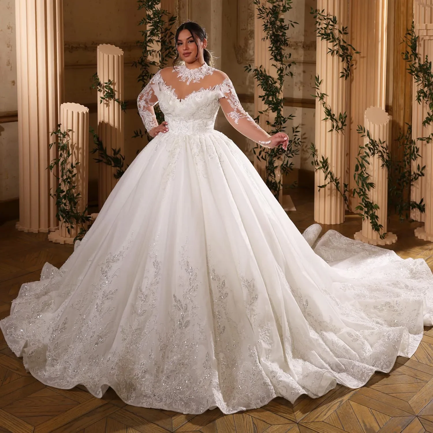Elegant New A-Line Lace Decal Sequin Embellished Women's Wedding Dress Sexy High Neck Long Sleeved Dance Bridal Gown Customized