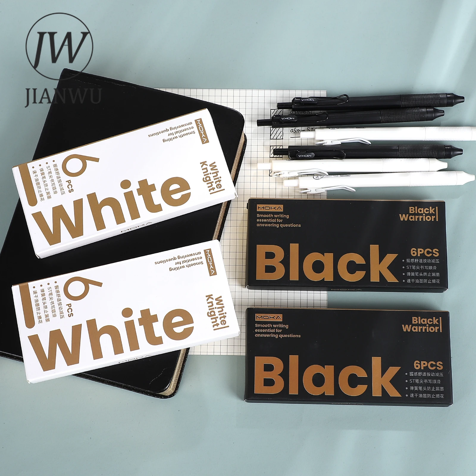 JIANWU 6 Pcs/set Black White Press Gel Pen Set 0.5mm Black Write Smoothly Creative DIY Journal Student Supplies Stationery