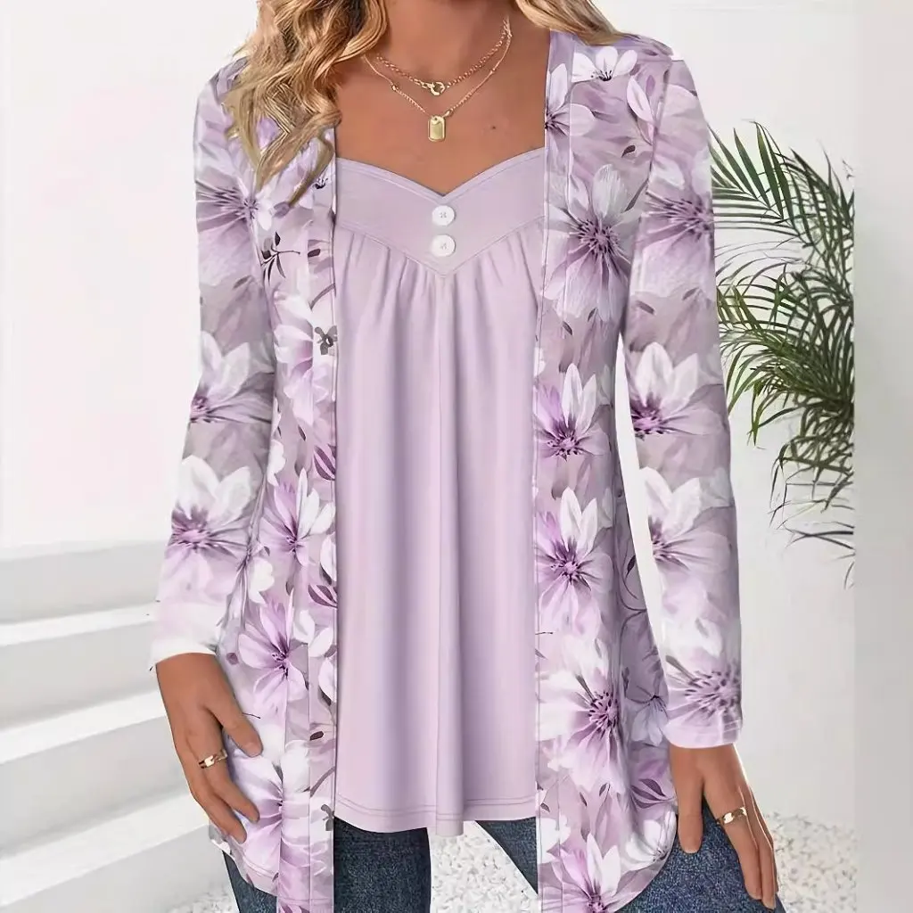 Camiseta de manga larga con botones para mujer, camiseta estampada a la moda, estilo europeo americano, Otoño Invierno, nuevas existencias, ropa de talla grande