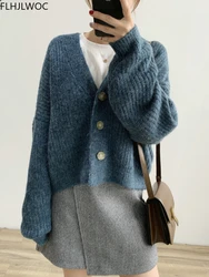 2022 Autumn Winter Short Coat Outerwear Casual Loose Lazy Green Japan Single Breasted Button Knitted Sweater Cardigans