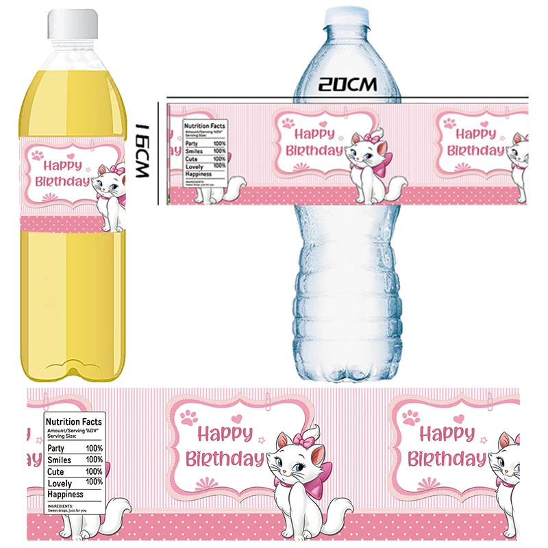 Pink Marie Cat Bottle Sticker Labels Girl Happy Birthday Party Supplies Baby Shower Disney The AristoCats Decoration Stickers