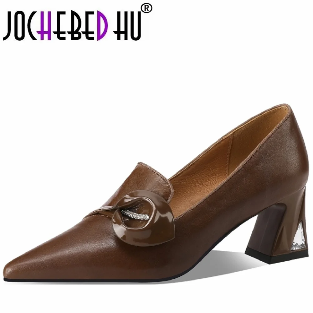 

【JOCHEBED HU】Women Brand Genuine Leather Shoes Pointed Toe Chunky Heel Pumps High Heels Belt Buckle Shoes forzapatos de mujer