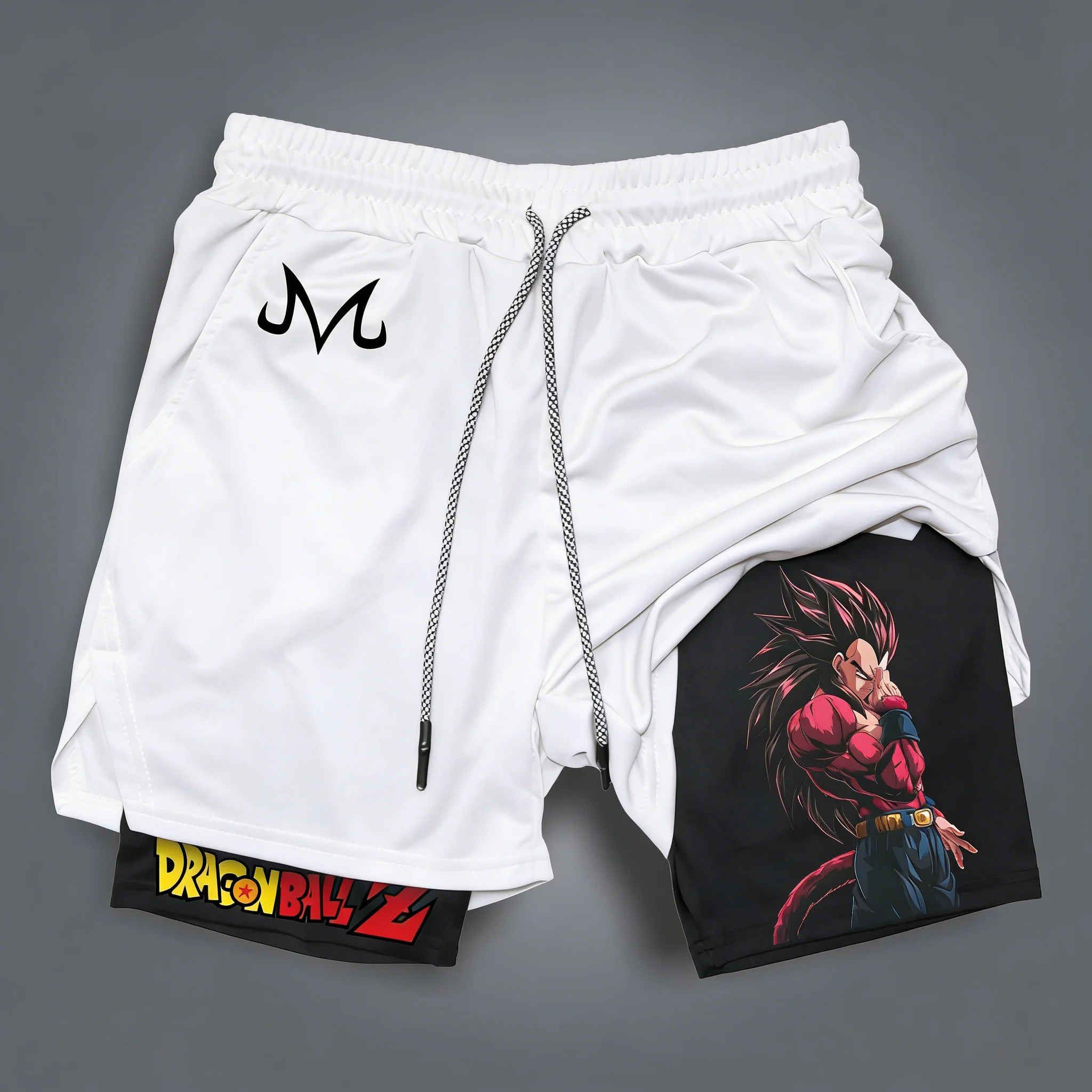 

Шорты Dragon Ball Anime Vegeta с двойным слоем и вставками, новинка 2026 года, летние, унисекс, для фитнеса, быстросохнущие, дышащие, 2-в-1
