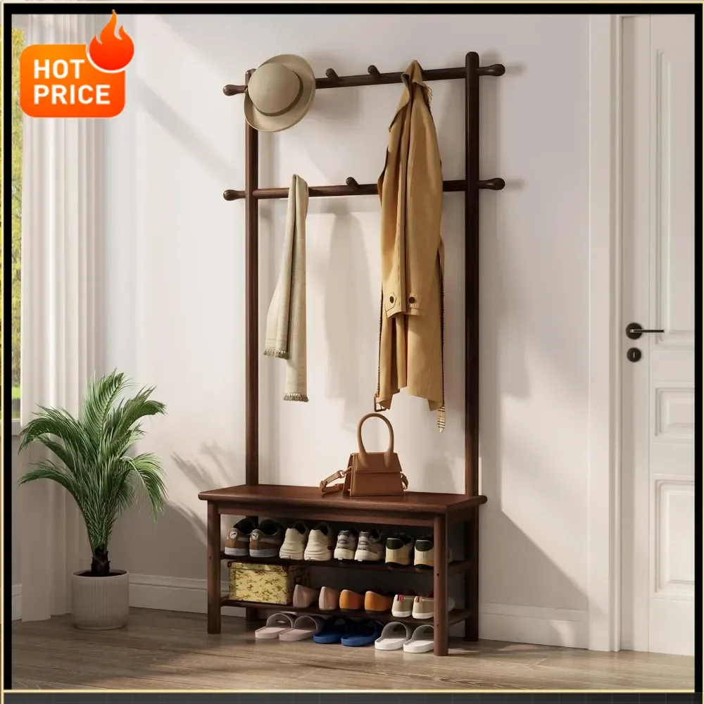

Bestseller[Hot Deal!]hall tree, coat rack with shoe storage, wooden hall tree with bench, 11 hooks and 2-tier storage shelves, e
