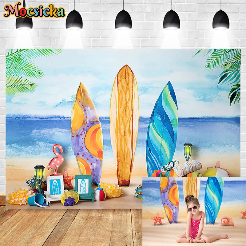 

Summer Surfboard Backdrop For Photography Sea Sand Beach Tropical Hawaiian Aloha Party Kids Birthday Cake Smash Photo Background