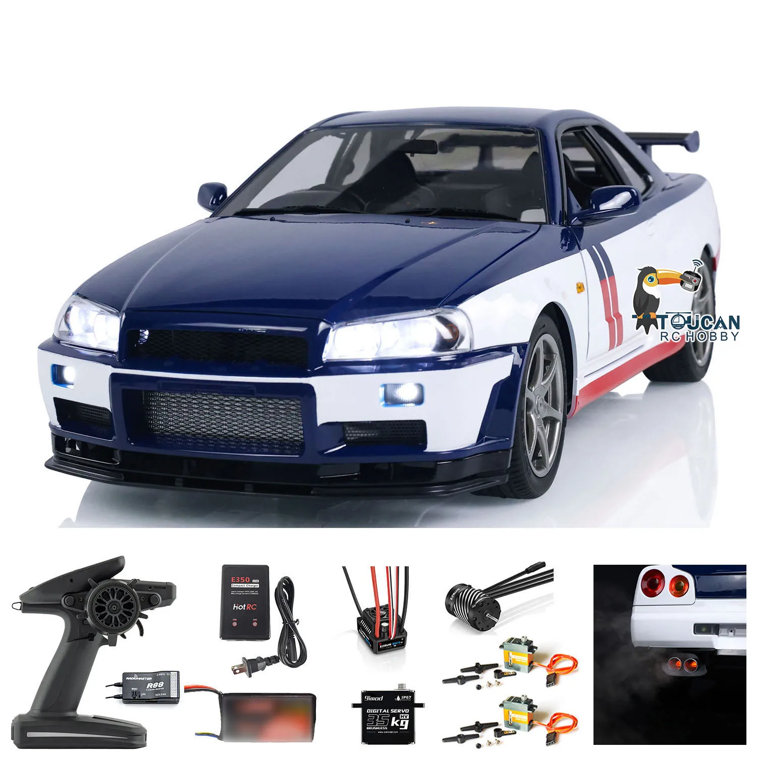 1/8 Capo R34 RC Auto Da Corsa In Metallo 4WD 4x4 Ad Alta Velocità FAI DA TE RTR Drift Auto Suono Leggero Fumatori Finito Pronto per correre