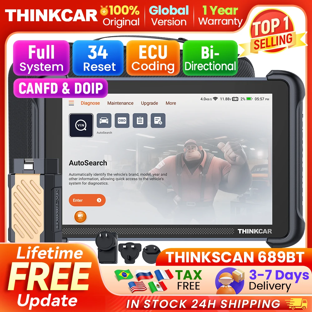 THINKCAR THINKSCAN 689BT Professional Car Diagnostic Tool CANFD DOIP Bi-directional ECU Coding 34 Reset Full System Obd2 Scanner