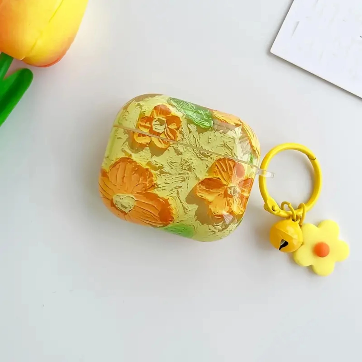 1 قطعة غطاء سماعة أذن بنمط الزيت الأصفر مع سلسلة زهور لأجهزة Airpods 1/2/3 Pro #5