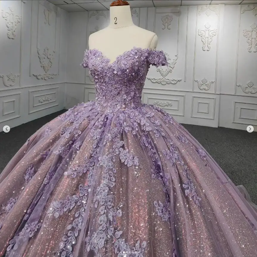 Old Purple Gillter Princess Quinceanera Dresses Off Shoulder Floral Applique Lace-up Corset vestido de 15 quinceañeras morado