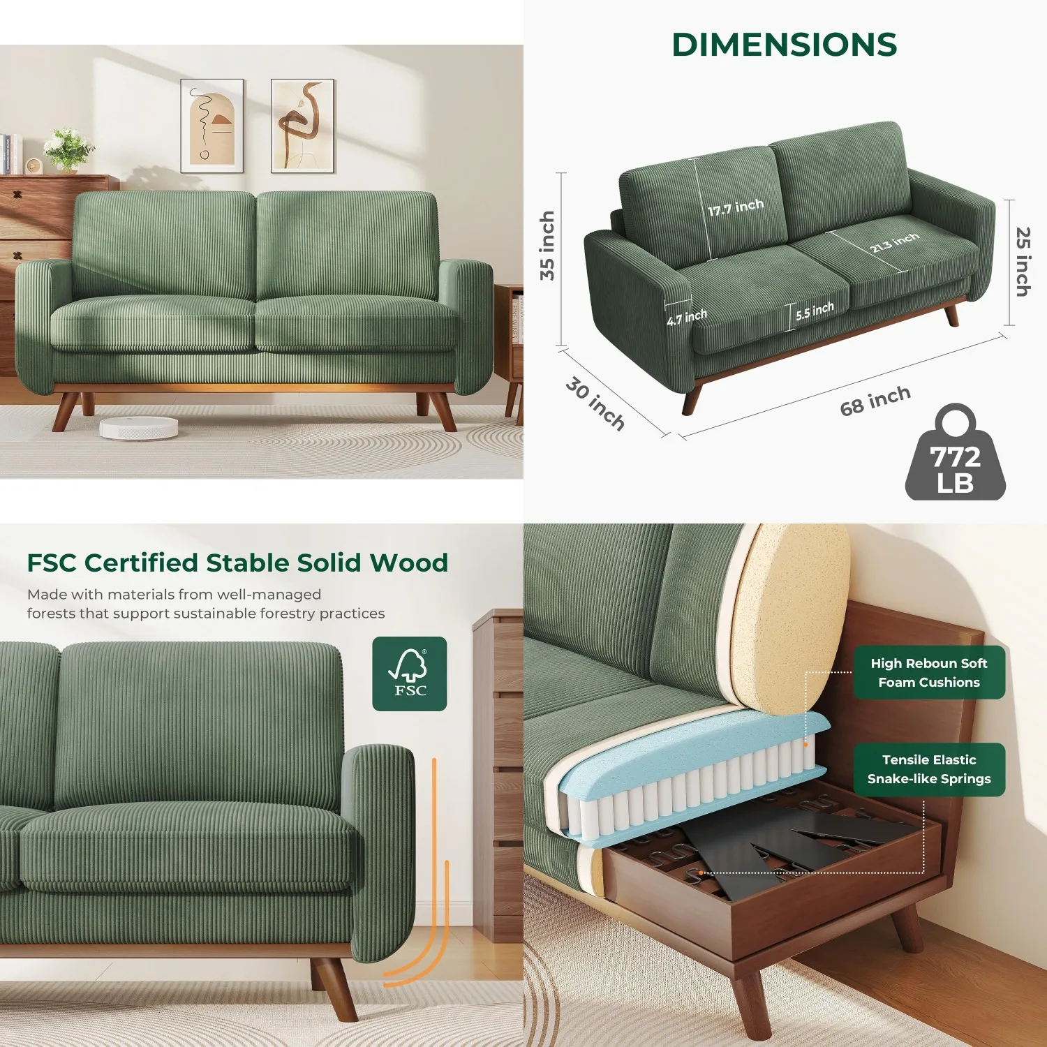 68" Green Corduroy Loveseat Deep Seat Spring Cushion Solid Wood Frame Bedroom Living Room Office, Customized