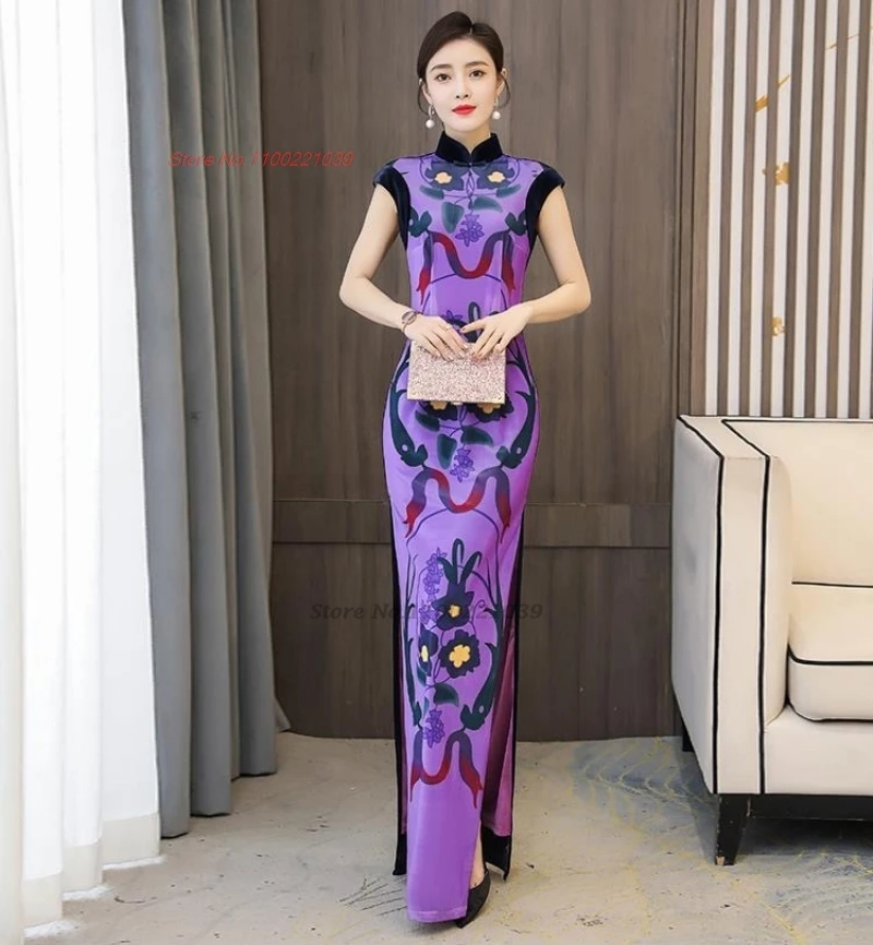 2025 chinese vintage dress formal cheongsam traditional flower print improved qipao stage performance banquet evening dress