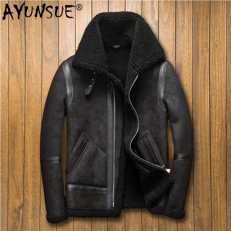 AYUNSUE Men's Real Leather Jacket Short Winter Coat Men Genuine Leather Jacket Shearling Vintage Motorcycle Jackets 5265 KJ3291