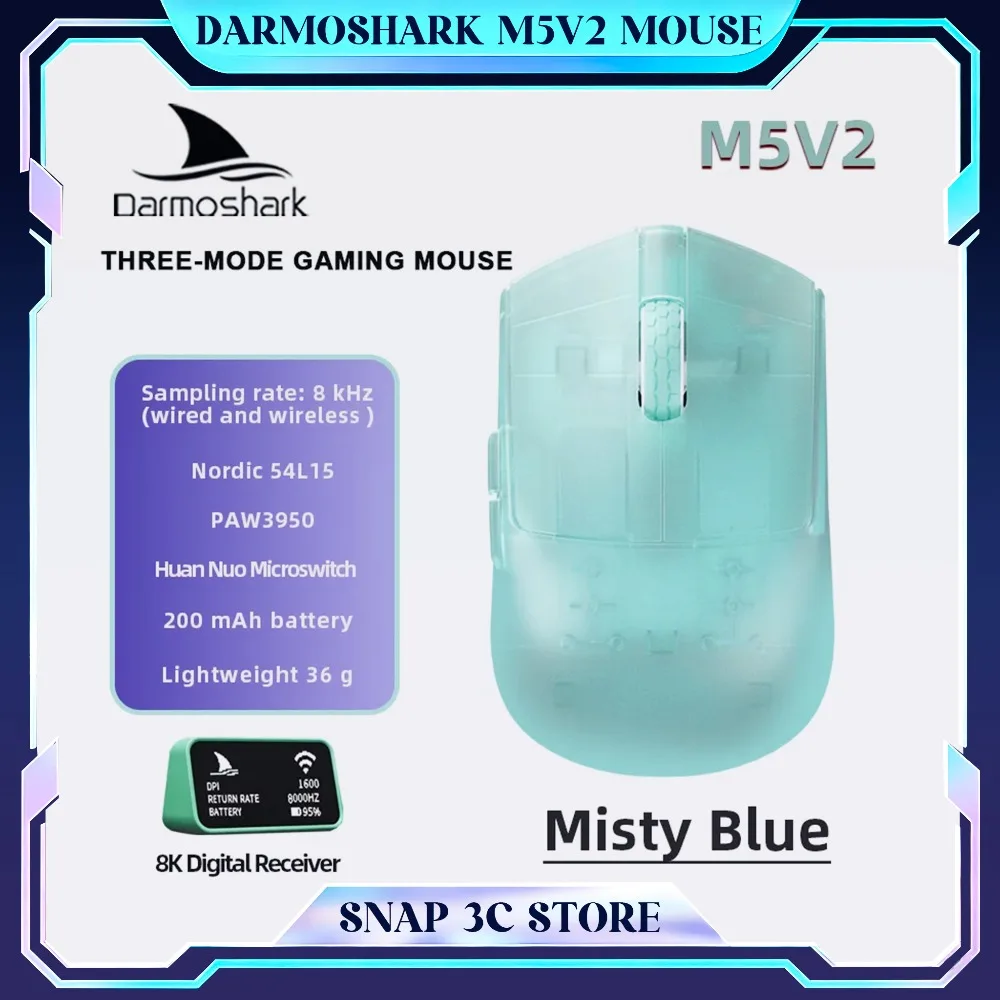Mouse Gamer Sem Fio Darmoshark M5V2 8K com Sensor PAW3950, Ultraleve 36g, Taxa de Polling de 8000Hz e Receptor Digital
