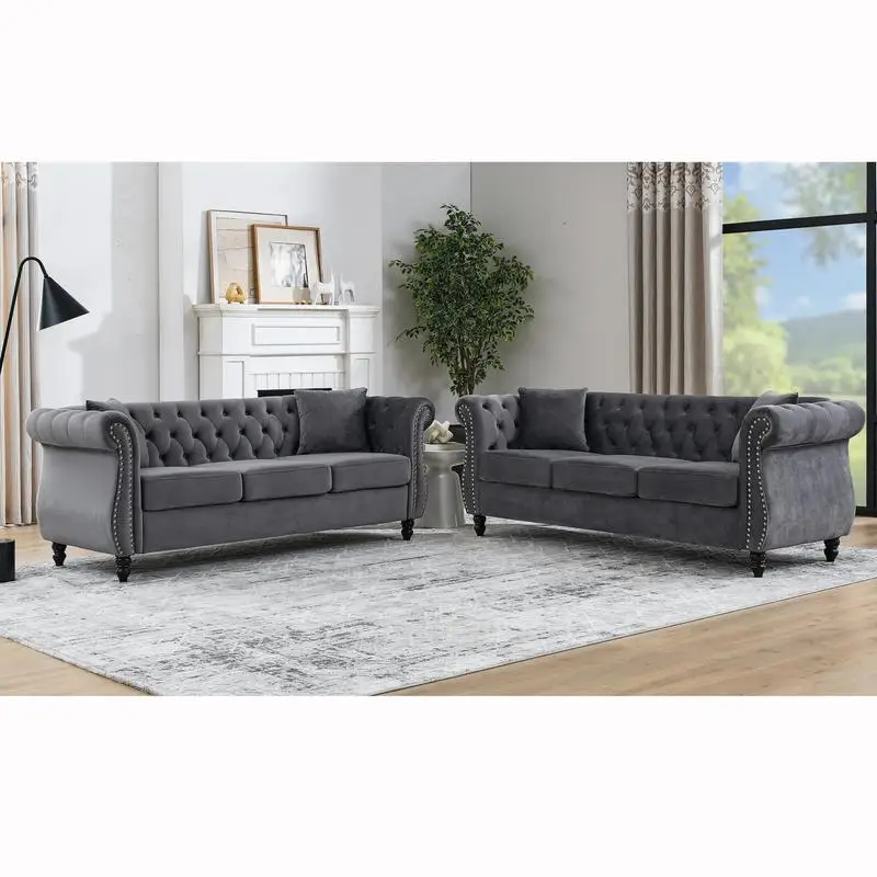 3-Seater & 3-Seater Combo Sofa - Grey Velvet - Stylish & Comfortable Living Room Furniture