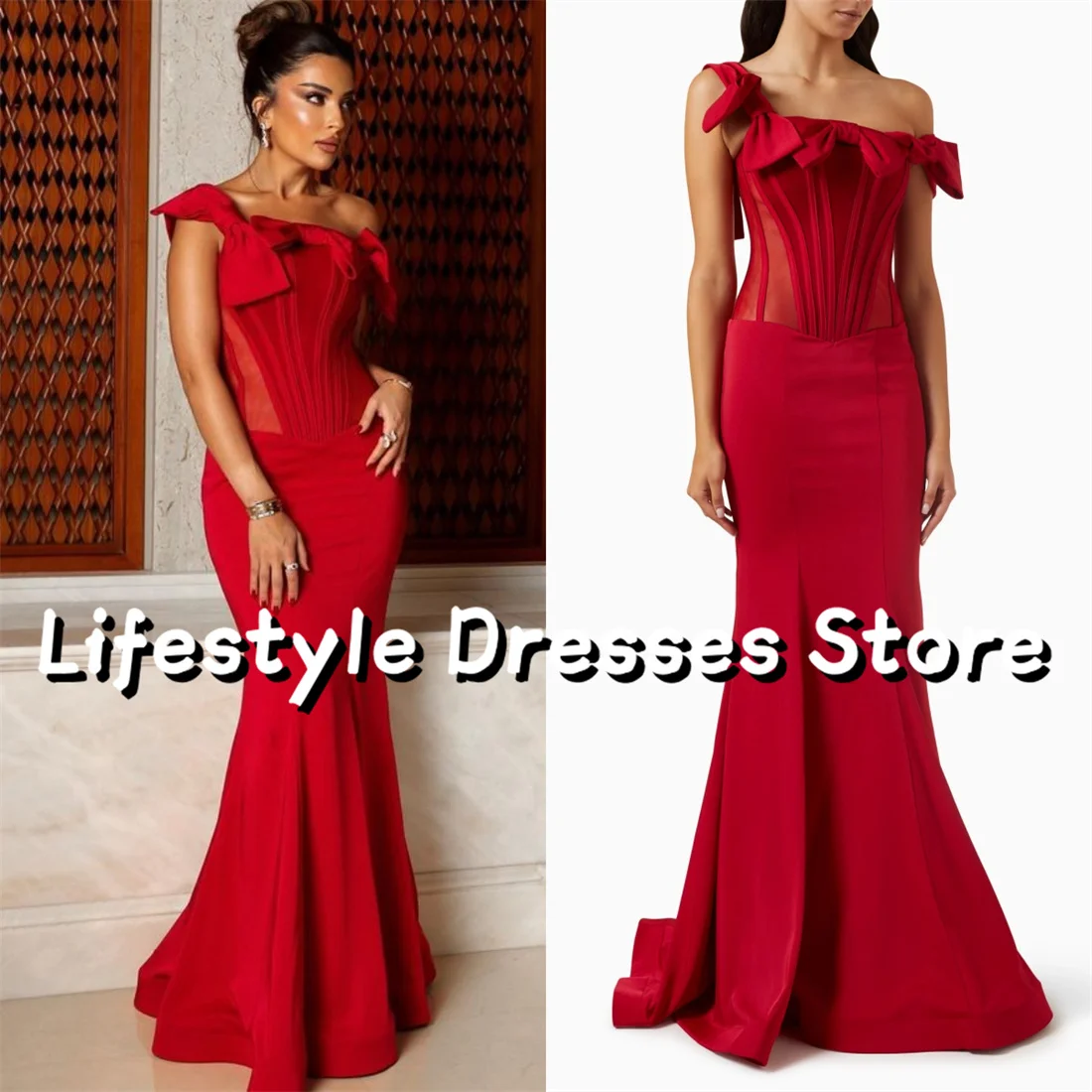 

Red Bow Off Shoulder Long Evening Dresses Mermaid Sleeveless Elegant Prom Dress 2024 Wedding Guest vestidos de festa