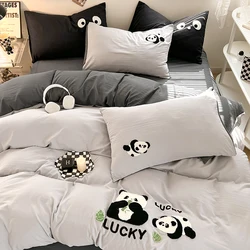 Cute Panda 100% Cotton Bedding Set Kawaii Embroidered Duvet Cover Bed Sheets Set Flat/Fitted Sheet Bed Linen Pillowcase for Kids