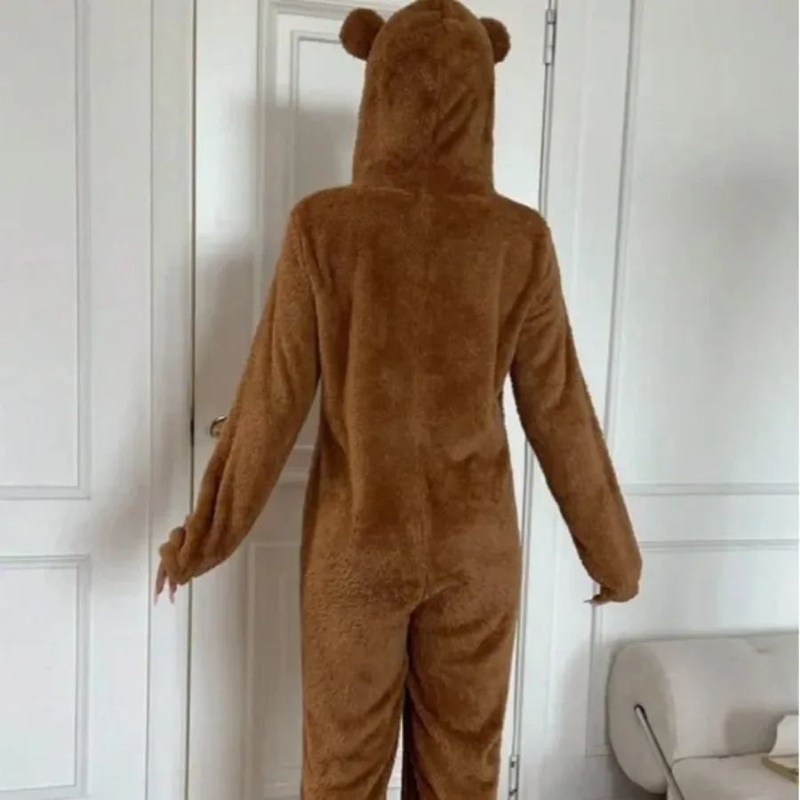 Piyama Onesies Lucu Wanita Musim Gugur Musim Dingin Pakaian Tidur Berkerudung Telinga Beruang Kartun Hangat Bulu Karang Pakaian Rumah Manis Anak Perempuan Piyama