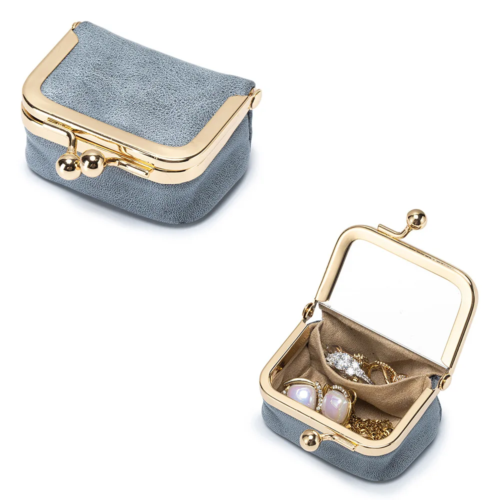 Small Waxed Cowhide Genuine Leather Kiss Lock Box with Built-in Mirror Jewelry Organizer Bag for Rings Earrings Tiny Accessories