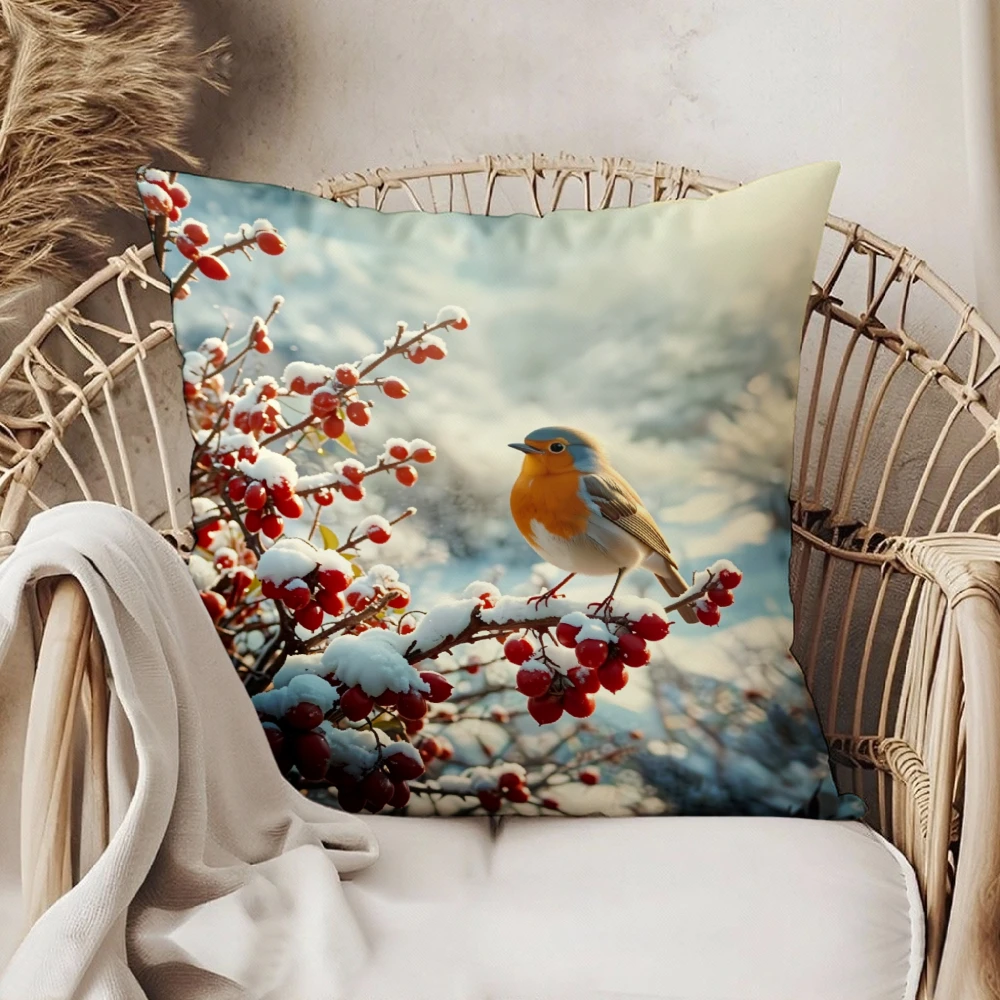 Square Throw Pillow Case Winter Robin Bird Red Berries Snowy Branch Print Decorative Cushion Cover For Living Room Sofa Bedroom