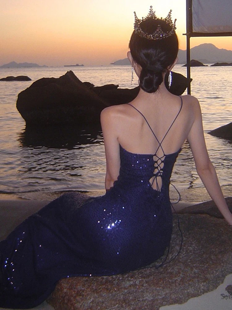 Glitter Gold Sequins Prom Gown Thigh-high Split Strappy Lace-up on Open Back Floor Sweeping Train Evening Party Dress