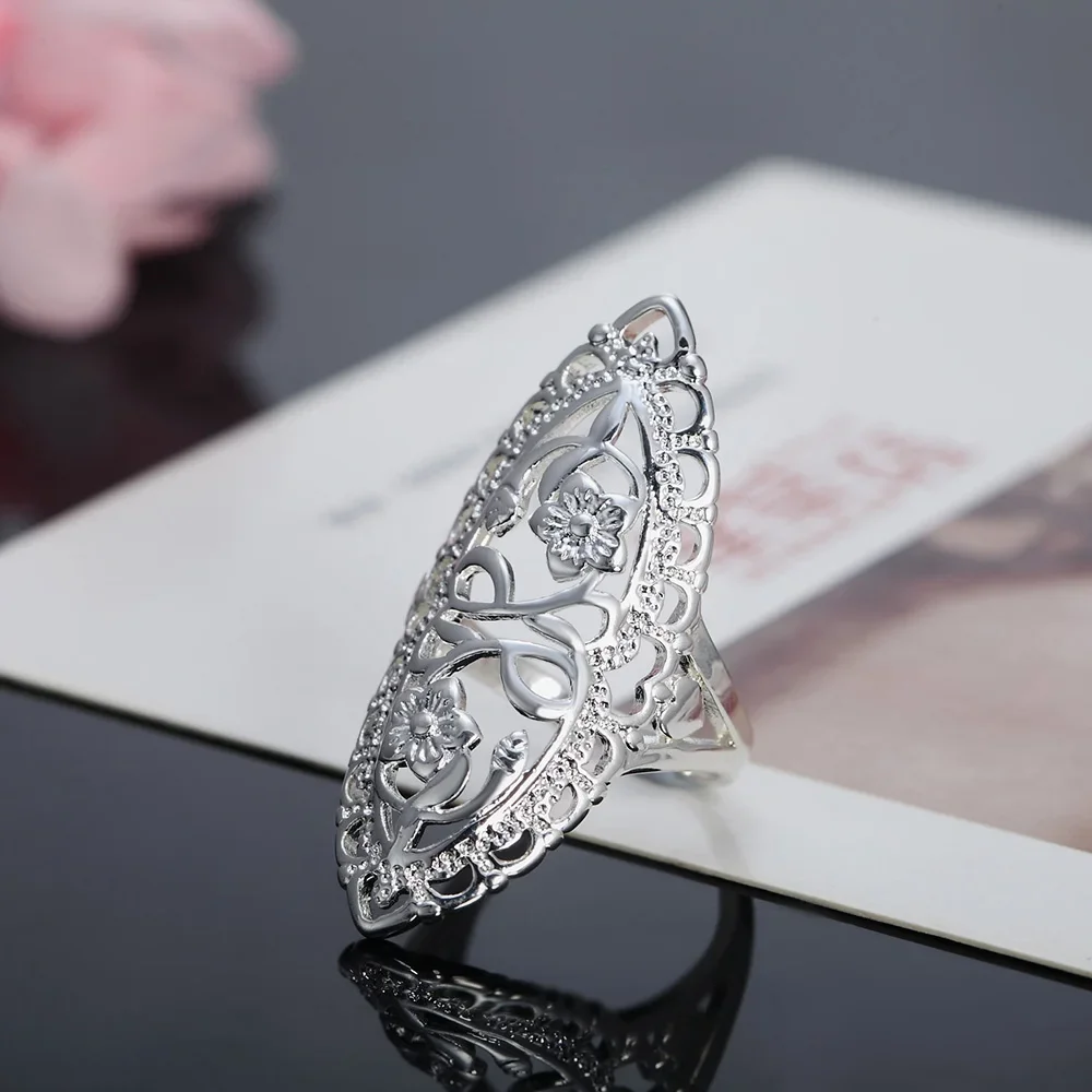 Cincin perak Sterling 925 baru untuk wanita, Retro halus rongga bunga lebar Mode hadiah pesta murid perempuan pesona perhiasan pernikahan