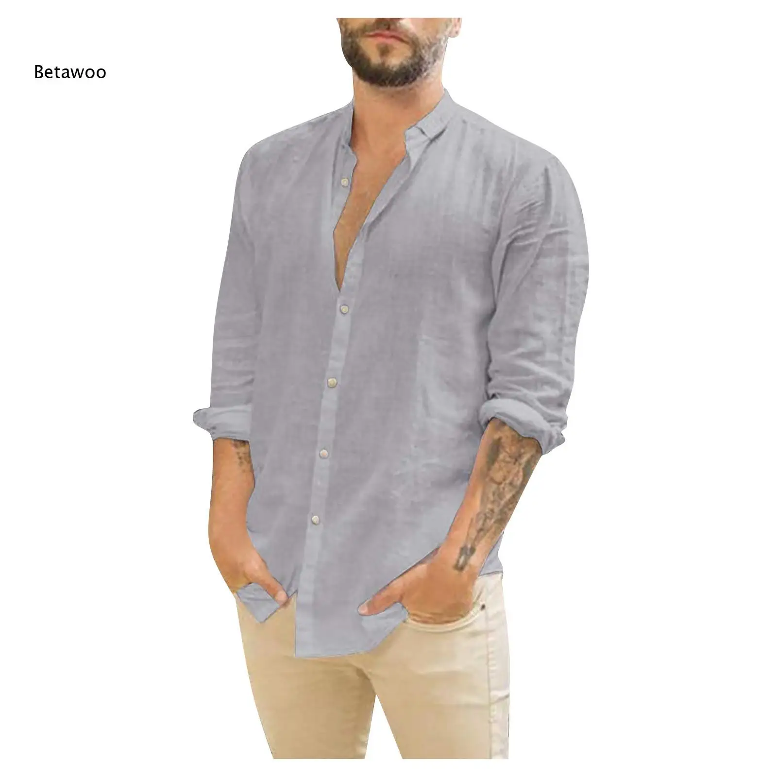 Men Simple Solid Color Button Front Shirt Long Sleeve Mandarin Collar For Daily Leisure And Warm Weather Short Travel Occasions
