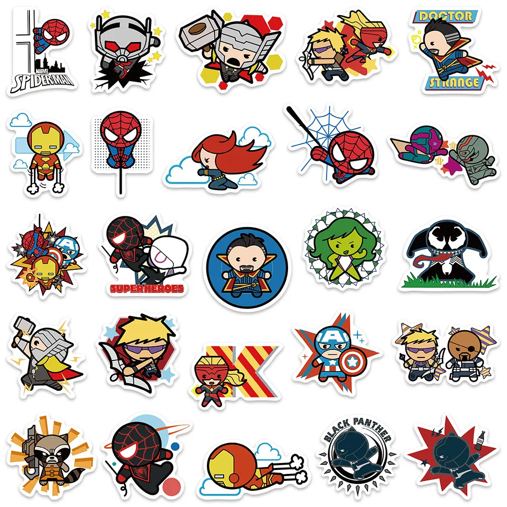 50pcs Disney Cartoon The Avengers Stickers Iron Man Spider-Man Hulk Decals For Laptop Luggage Skateboard Diary Phone Sticker