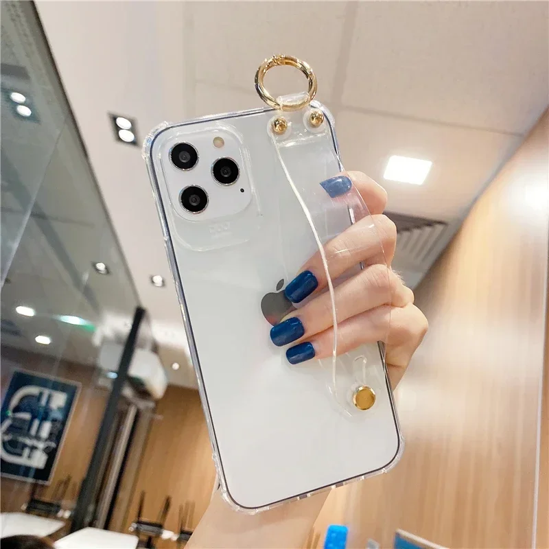 Shockproof Transparent Wrist Strap Back Case for iPhone 15 16 Pro Max 14 13 12 Pro XsMax XR 11 12 7 8 Clear Phone Holder Cover