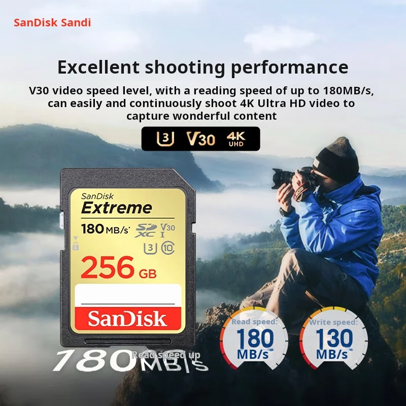 

SanDisk 256GB SD Camera Memory Card, 4K V30 U3 C10, Read Speed 180MB/s, High-Speed, Compatible with Mirrorless/DSLR Cameras