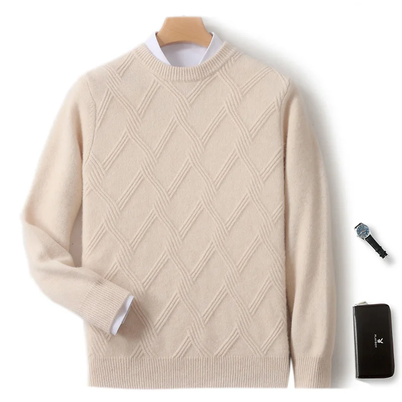 

Autumn Winter Men's 100% Pure Wool Sweater Pullover Square Grid Jacquard Long Sleeve Wool Knitwear Warm Business Style Cashmere