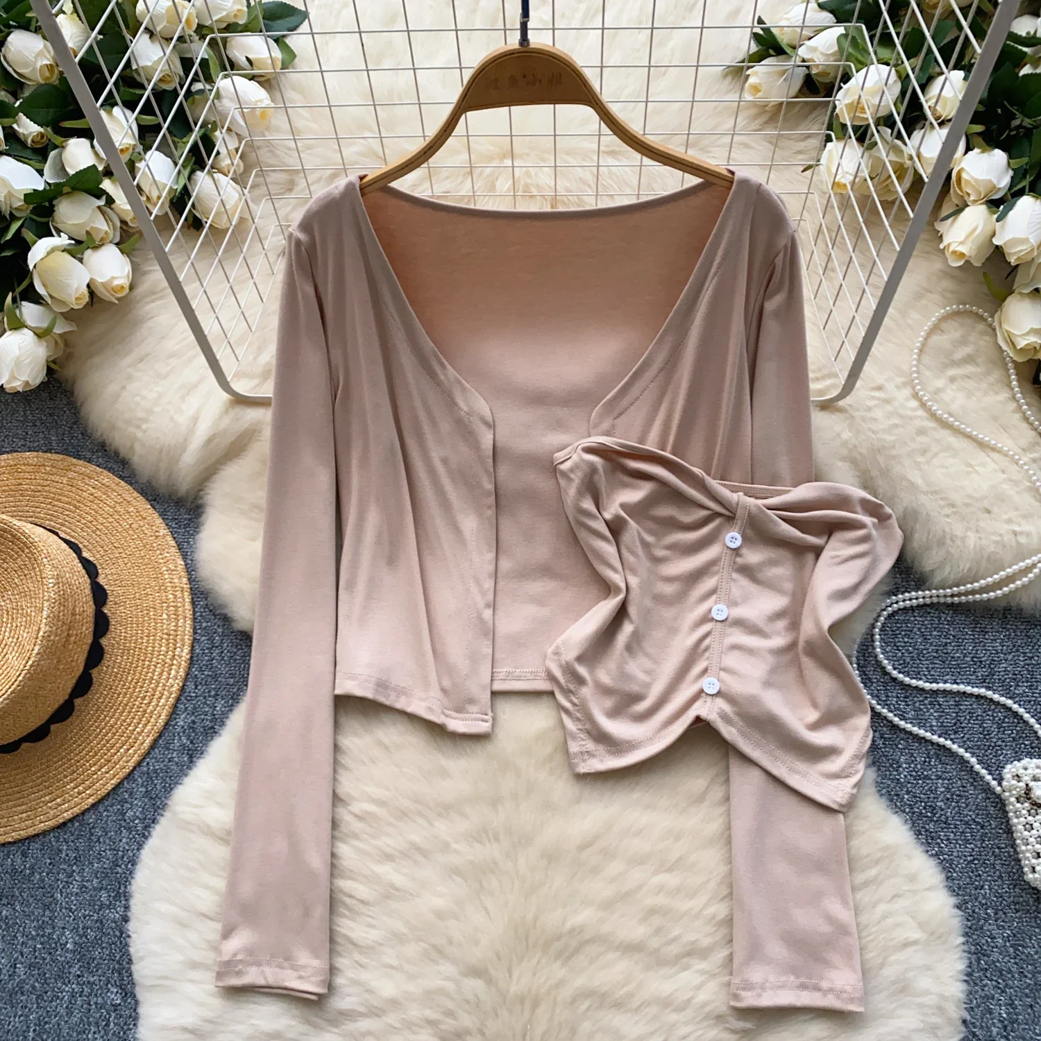 Chic Women Two-Piece Sets Strapless Camis Tank Top and Long Sleeve Slim Open Stitch Shawl Top Korean Fashion  Autumn Clothing