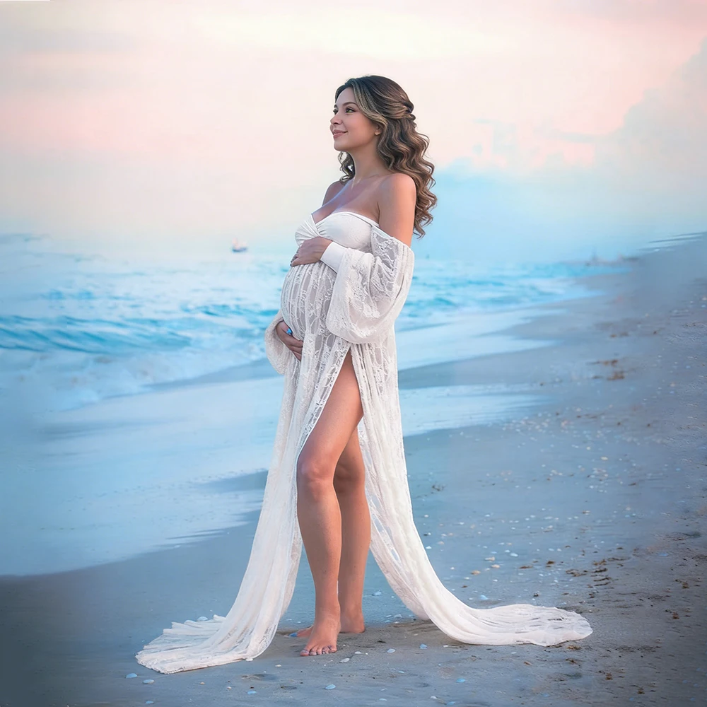 Maternity Dress Soft Stretchy Lace Off Shoulder Doubly Split A line Skirt Pregnancy Maxi Gown for Photoshoot
