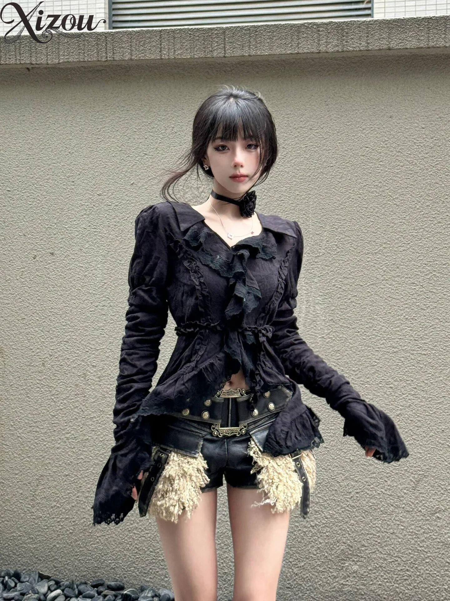 

Black V-neck Shirts Women Vintage Y2K Grunge Spice Girl Style Slim Waist Ruffles Blouses Long Flared Sleeve Lace Pleated Top