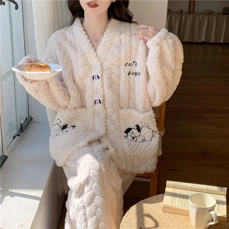 pajama Lady Lovely Apricot Panda thickened warm flannel coral velvet homewear set princess style Sleepwear 2024  Autumn /Winter