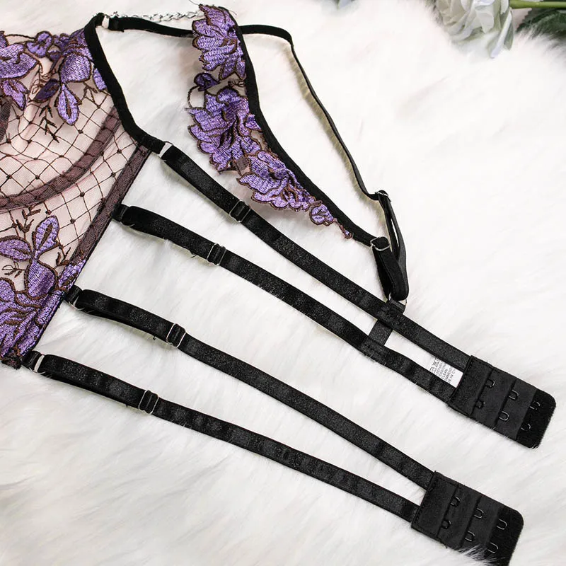 CINOON Sexy Lace Lingerie French Thin Transparent Underwear Female Embroidery Brassiere 3-Piece Exotic Bra and Garter Thong Sets